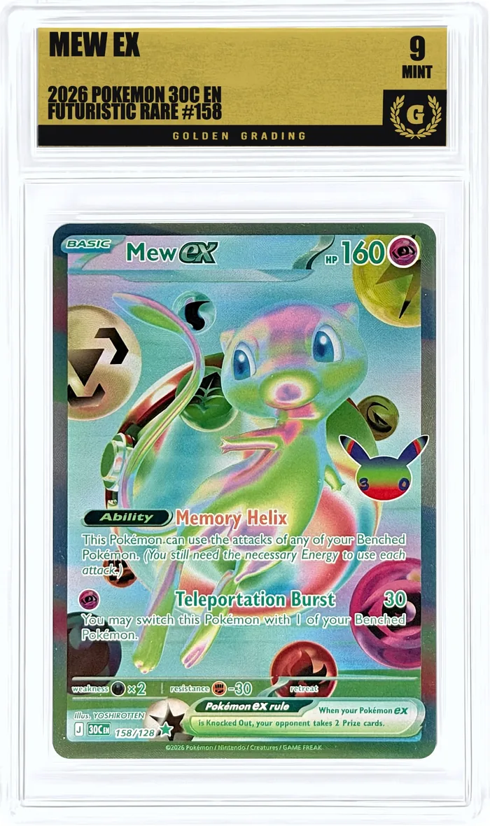 Front of a Mew ex Pokemon card in a Golden Grading gold-label holder