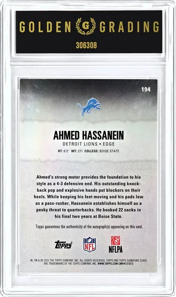 Back of the Ahmed Hassanein slab: the card's back and the Golden Grading label, serial 306308