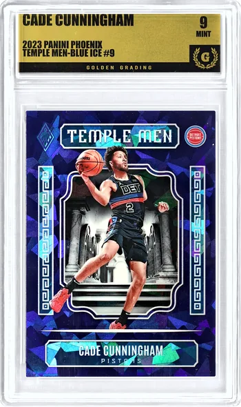 Front of a 2023 Panini Phoenix Cade Cunningham TEMPLE MEN-BLUE ICE #9 card in a Golden Grading holder, graded 9 Mint, serial 306303