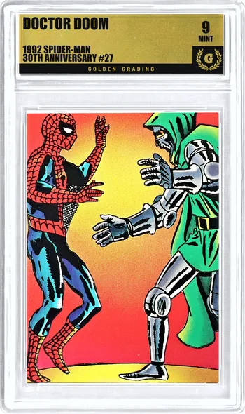 Front of a 1992 Spider-Man Doctor Doom 30TH ANNIVERSARY #27 card in a Golden Grading holder, graded 9 Mint, serial 302473