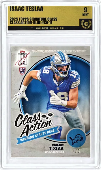 Front of a 2025 Topps Signature Class Isaac Teslaa CLASS ACTION-BLUE #CA-11 card in a Golden Grading holder, graded 9 Mint, serial 306302