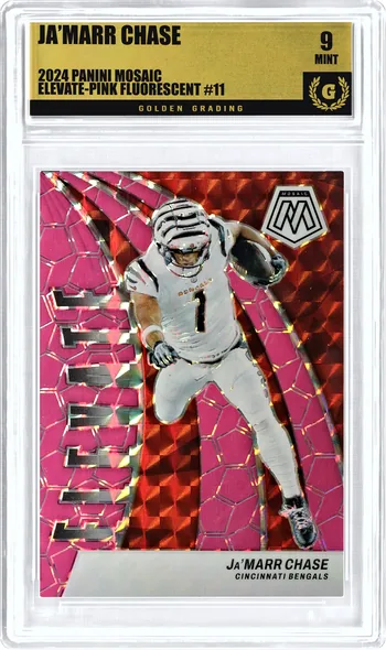 Front of a 2024 Panini Mosaic Ja’Marr Chase ELEVATE-PINK FLUORESCENT #11 card in a Golden Grading holder, graded 9 Mint, serial 306313