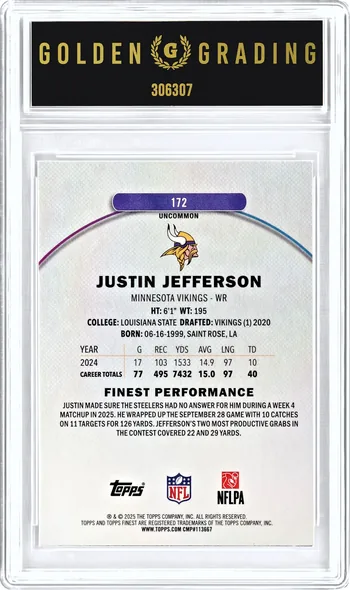 Back of the Justin Jefferson slab: the card's back and the Golden Grading label, serial 306307
