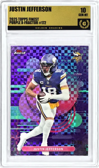 Front of a 2025 Topps Finest Justin Jefferson PURPLE X-FRACTOR #172 card in a Golden Grading holder, graded 10 Gem Mint, serial 306307