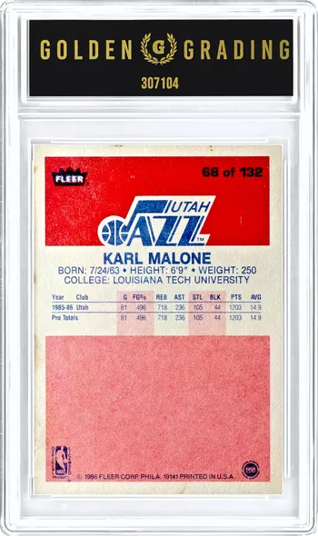 Back of the Karl Malone slab: the card's back and the Golden Grading label, serial 307104