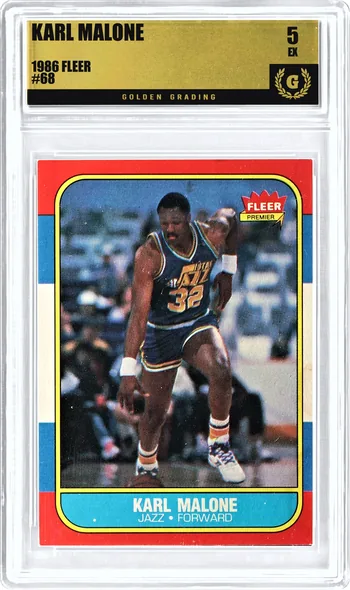 Front of a 1986 Fleer Karl Malone #68 card in a Golden Grading holder, graded 5 Excellent, serial 307104