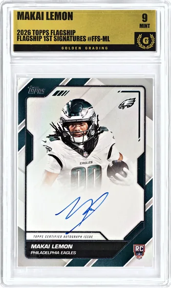 Front of a 2026 Topps Flagship Makai Lemon FLAGSHIP 1ST SIGNATURES #FFS-ML card in a Golden Grading holder, graded 9 Mint, serial 306314