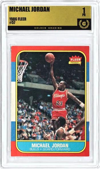 Front of a 1986 Fleer Michael Jordan #57 card in a Golden Grading holder, graded 1 Poor, serial 307109