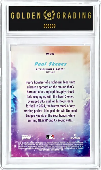 Back of the Paul Skenes slab: the card's back and the Golden Grading label, serial 306309