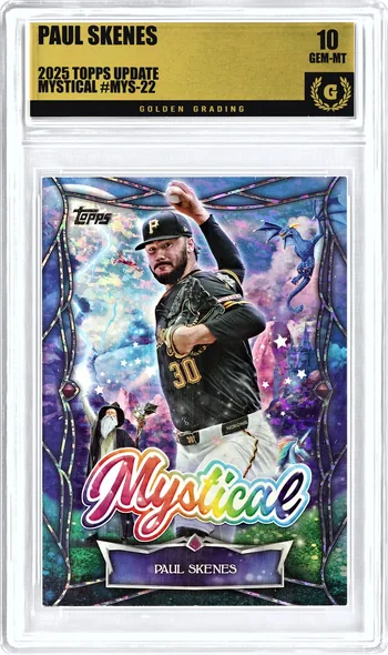 Front of a 2025 Topps Update Paul Skenes MYSTICAL #MYS-22 card in a Golden Grading holder, graded 10 Gem Mint, serial 306309