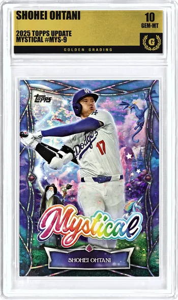 Front of a 2025 Topps Update Shohei Ohtani MYSTICAL #MYS-9 card in a Golden Grading holder, graded 10 Gem Mint, serial 306304